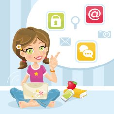 Cute Smilling Schoolgirl with Laptop pointing