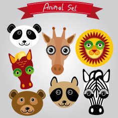 Vector animal set panda giraffe lion horse bear raccoon zebra