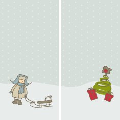 two siberian winter card with little boy and christmas tree