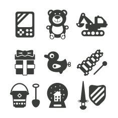 Set of vector monochrome kids toys in flat style