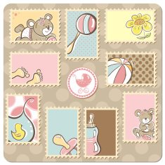 Baby girl announcement card - collection of postal stamps