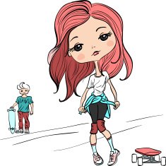 Vector fashion beautiful girl with the skateboard