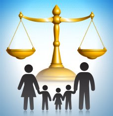 Scales of Justice with Family Concept Stick Figures