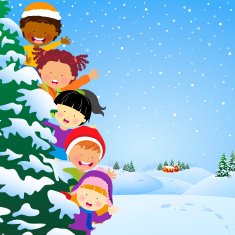 Multi-Ethnic Kids Hiding Behind Pine Tree in Winter