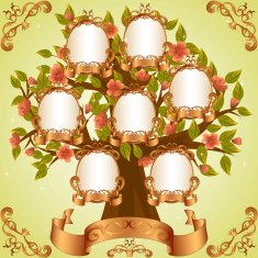 Retro family tree with flowers gold photoframeworks and banners