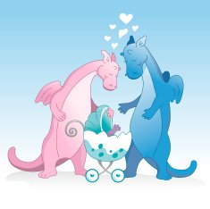 Cute dragon couple and new baby
