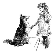 Dog shaking paws with a little Victorian girl