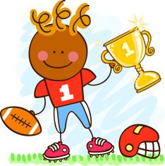 male american footballer with winner cup vector cartoon illustration