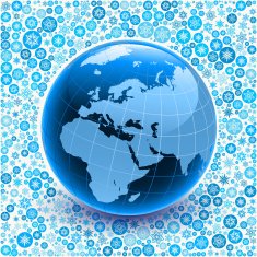 Globe on Blue Snowflake Background