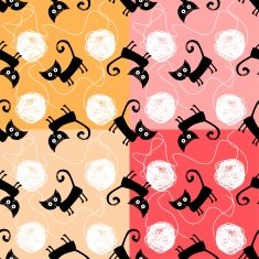 Seamless pattern with black cats and clews