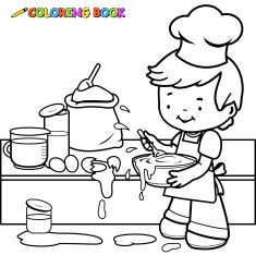Little boy cooking and making a mess coloring book page