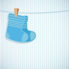 Baby boy shower card Knitted socks on light background N4