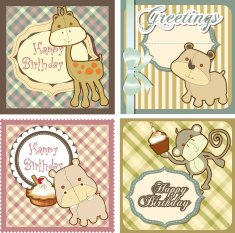 Birthday card set with cute baby animals in retro style