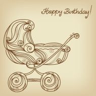 Vintage Happy birthday card with baby stroller