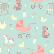 Seamless baby background Rocking horse teddy bear stroller duck bib