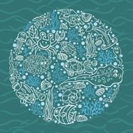 Outline Doodle set in cirrcle Funny Sea Life