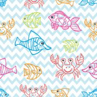 Funny Fish Colored Doodle seamless pattern in zigzag background