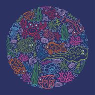 Colored outline Doodle set in cirrcle Funny Sea Life