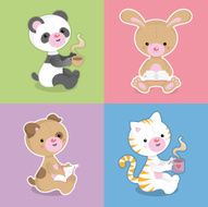 Cute kawaii animals reading coffee