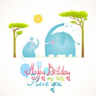 Cartoon African Elephants Bathing Happy Birthday Card