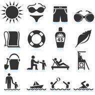 Summer Beach Vacation black &amp; white vector icon set