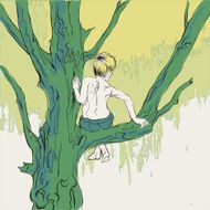 Little blond boy in swimming trunks sitting on tree branch