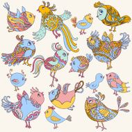 Set of cute birds adorable retro colorful collection