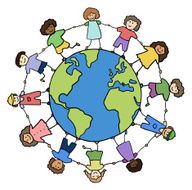 children of different races holding for hands around planet vect