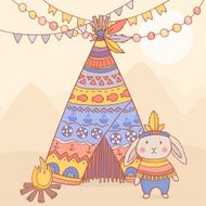 Illustration with wigwam and indian rabbit