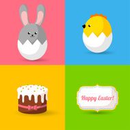 Happy Easter cards illustration with eggs bunny chick cake an