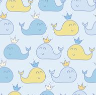 Cute cartoon baby whales in crowns seamless pattern