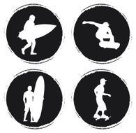 four grunge circle with skater and surfer