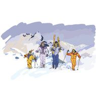 Skiing winter fun - happy family ski team