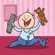 baby boy with remote control and teddy bear