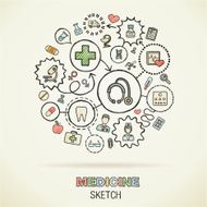 Medicine hand draw connected sketch icons Vector doodle infographic illustration