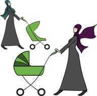 Abaya dressed arab woman pushing a baby stroller