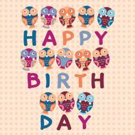 happy birthday card cute owls Blue pink purple orange background