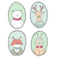 Animals illustrations vector set - bear deer rabbit and fox