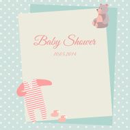 Baby shower invitation card with bodysuit and teddy bea