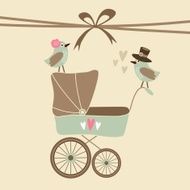 Cute baby shower invitation birthday card with carriage birds