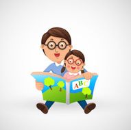 father and son reading book together