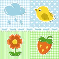 Summer icons of flower strawberry cloud and bird