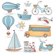 Travel set Ground water and air vehicle on white background N2