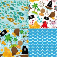 4 Seamless background set pirate island colorful kids retro pattern
