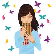 Girl with a pan&#039;s flute surrounded by butterflies vector