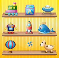 Toys arranged neatly in the wooden shelves