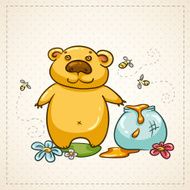 Funny toy bear with honey bees and flowers