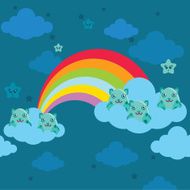 Cute cartoon monsters characters sitting on the clouds