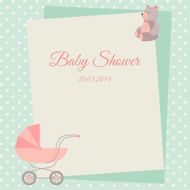 Baby shower invitation card template with stroller and teddy bear