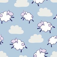 cute cartoon hand drawn happy sheep in clouds seamless pattern